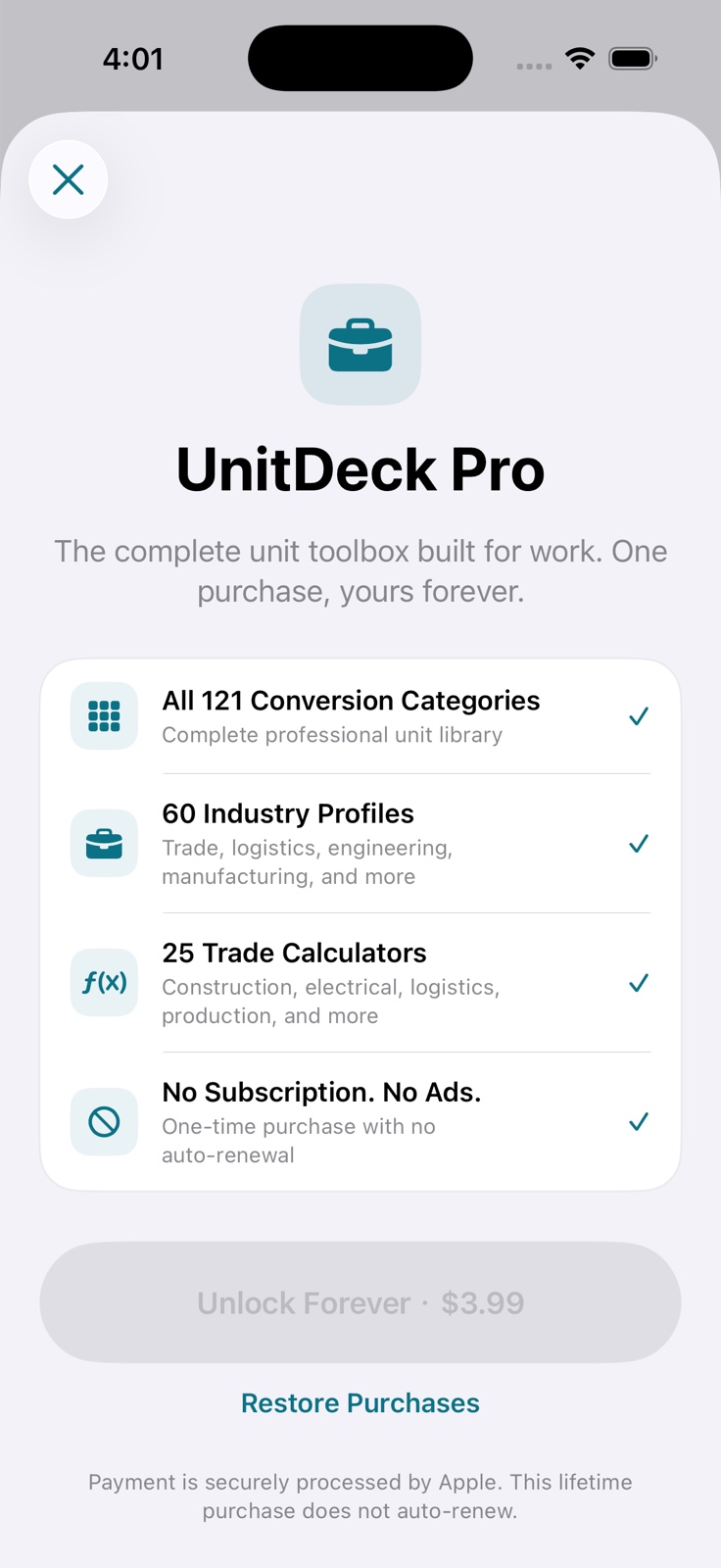 UnitDeck Pro purchase screen showing conversion categories, industry profiles and trade calculators